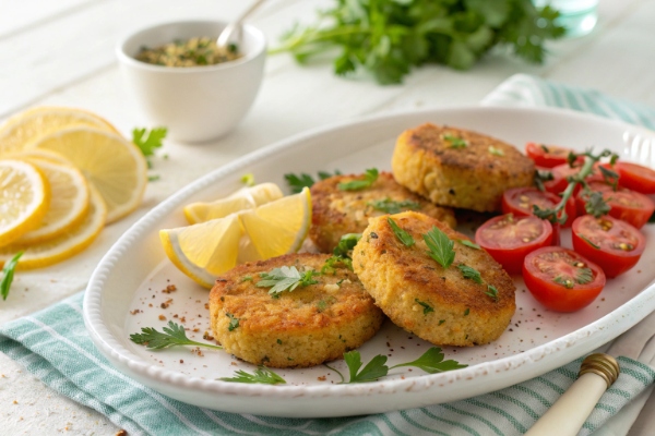 یک بشقاب کتلت گیاهی در کنار گوجه و لیمو ترش