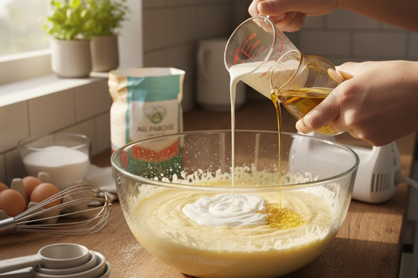 اضافه کردن روغن و شیر به مایه کیک باگر کیک