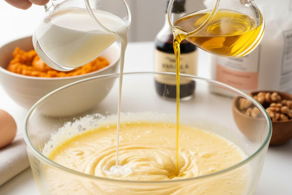 اضافه کردن شیر و روغن به مخلوط شکر و تخممرغ در تهیه کیک کدوحلوایی با گردو