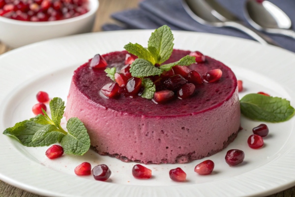 دسر لبو خوشمزه با تزئین انار و پونه