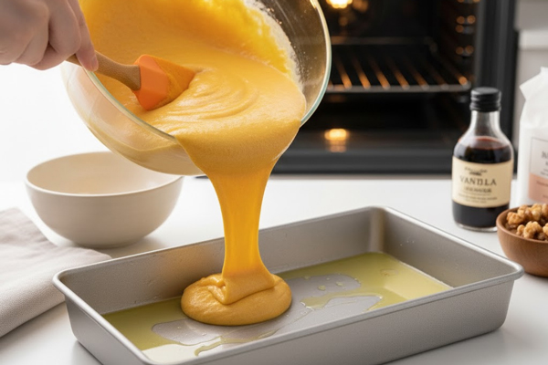 ریختن مایه کیک کدو حلوایی با گردو در قالب