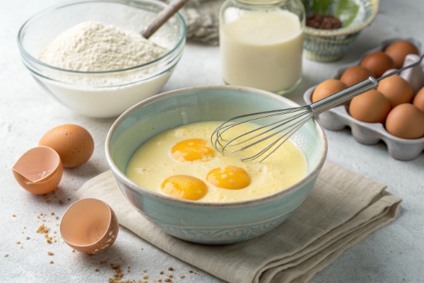 آماده کردن مخلوط تخممرغ و شیر برای تهیه کوکو پاستا