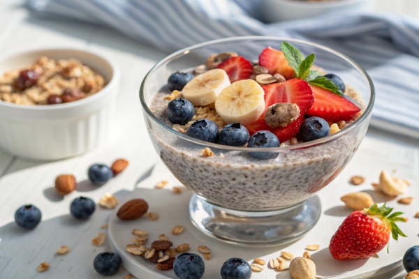 تزئین و سرو پودینگ چیا با موز بلوبری و توت فرنگی