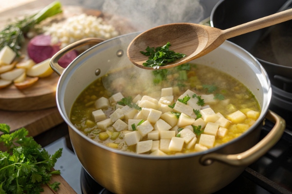 افزودن شلغم و پخت اولیه برای تهیه آش شلغم با بلغور گندم