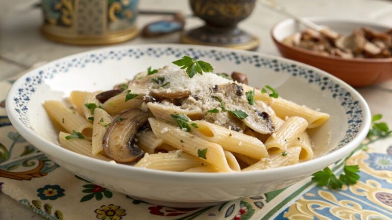 طرز تهیه پاستا با شیر و خامه و قارچ