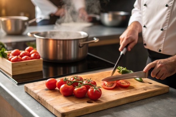 خرد کردن گوجه فرنگی برای تهیه پاستا با گوجه و سیر