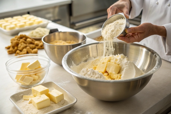 اضافه کردن آرد اولیه، بکینگپودر و مخلوط کردن با کره در تهیه کلوچه با شیرخشک