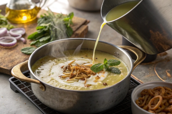 افزودن کشک و تنظیم طعم نهایی آش شلغم با بلغور گندم