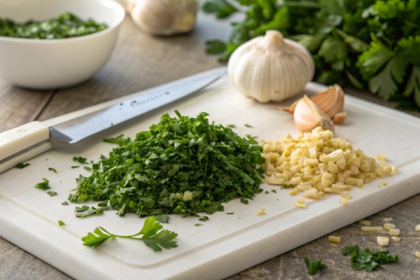 خورد کردن سیر و جعفری برای تهیه ماکارونی با پنیر پارمسان