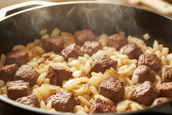 تفت دادن پیاز و گوشت در تهیه خورشت بامیه 