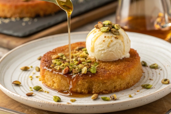 یه بشقاب کنافه با پنیر موزارلا با بستنی و عسل و پسته