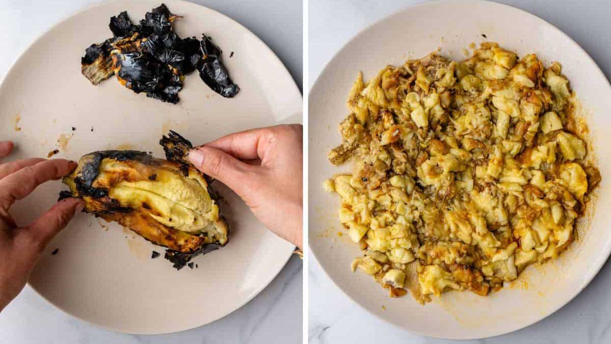 ساطوری کردن بادمجانها برای تهیه میرزاقاسمی با رب گوجه