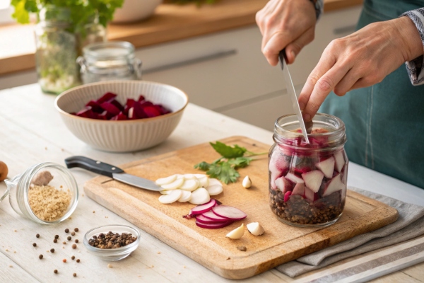 خرد کردن شلغم ها و لبو ها برای ترشی شلغم