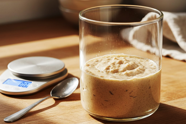 مخلوط کردن آب و آرد در روز اول و ریختن آن در شیشه برای تهیه دوغ ترش