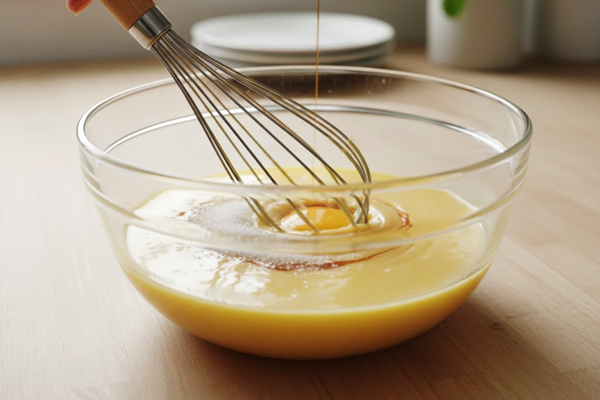 مخلوط کردن تخممرغ، شکر و وانیل در تهیه پنکیک فوری