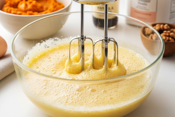 هم زدن تخممرغ و شکر در تهیه کیک کدو حلوایی با گردو