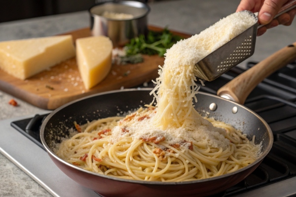 اضافه کردن پنیر پارمسان ماکارونی