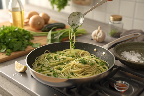 افزودن سیر و جعفری به ماکارونی برای تهیه ماکارونی با پنیر پارمسان