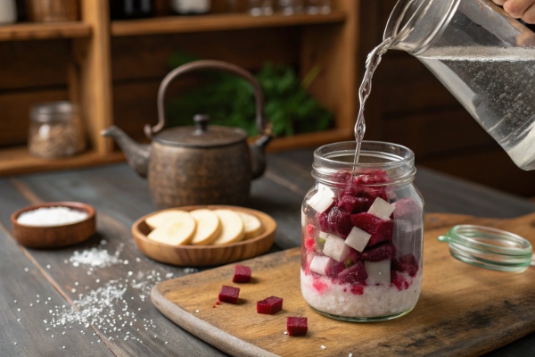 افزودون آب نمک در ضرف ترشی شلغم