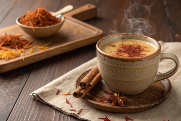 یک فنجان چای کرک با شیر خشک در کنار چوب دارچین و میخک