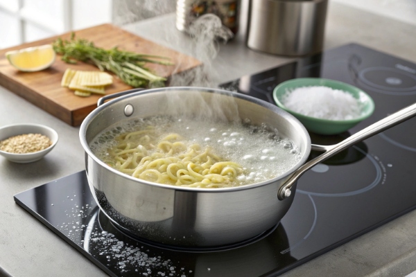 پخت نودل در قابلمه برای تهیه نودل با پنیر چدار
