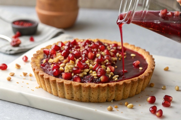  ریختن ژله روی تارت و تزیین آن با انار