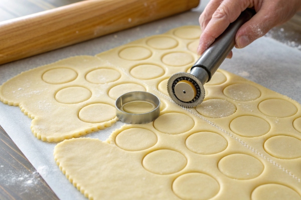 پهن کردن خمیر، کاتر زدن و انتقال به سینی فر در تهیه کلوچخ