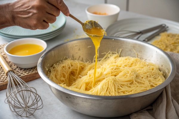 آماده سازی رشته کنافه با پنیر موزارلا