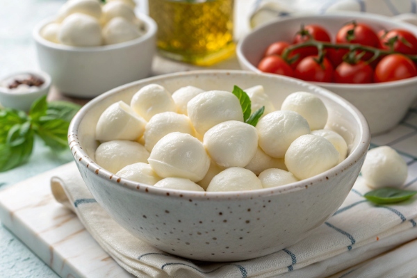 یک کاسه پنیر موزارلا گیلاسی