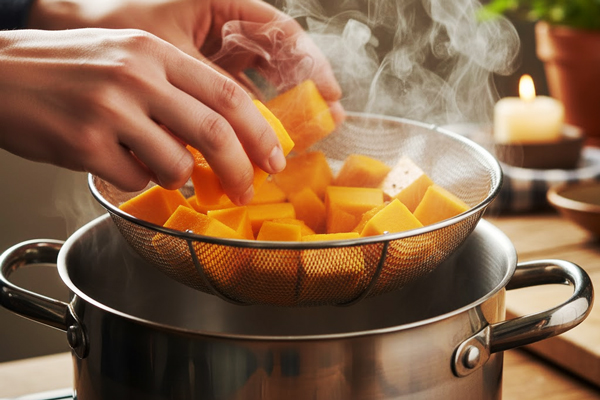 چیدن کدوحلوایی برش‌خورده در قابلمه برای آب پز شدن