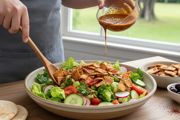 اضافه کردن سس به سالاد فتوش عربی