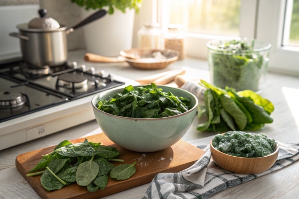 آمادهسازی اسفناج برای تهیه رولت اسفناج و پینر