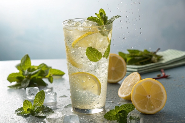 یک لیوان لیموناد در کنار لیمو و نعنای تازه 