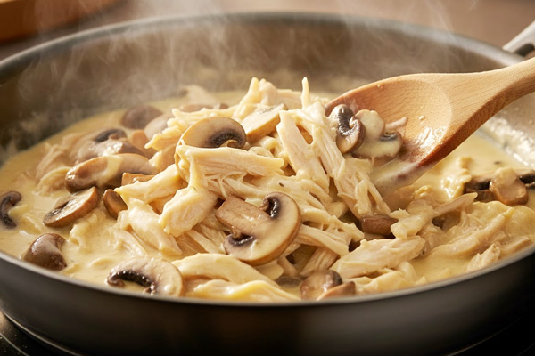 اضافه کردن مرغ و قارچ به سس بشامل سوفله مرغ