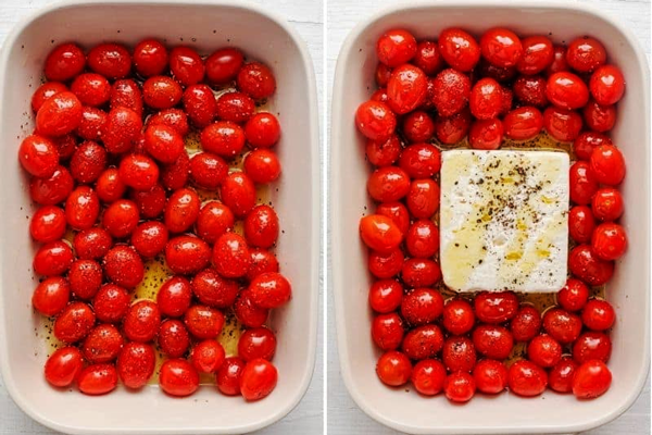 گوجه گیلاسی و پنیر فتا در ظرف پخت برای تهیه پاستا گوجه