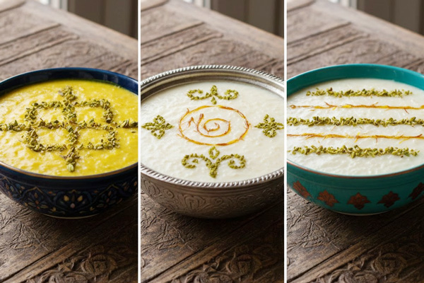 تزئین شیربرنج با ترکیب طلایی و پودر پسته