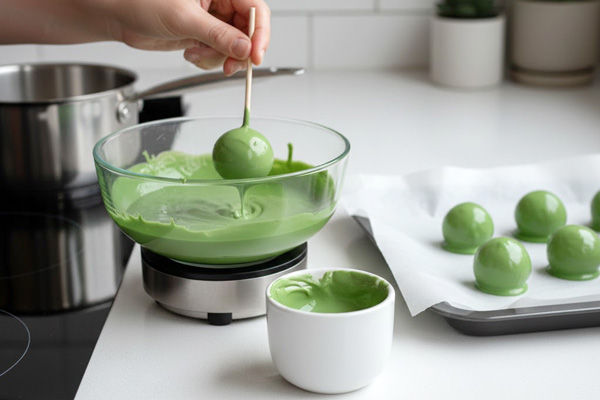 فرو بردن شکلات هندوانه ای یلدایی در شکلات ذوب شده سبز