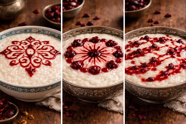 تزئین شیربرنج با ترکیب مربای آلبالو یا زرشک