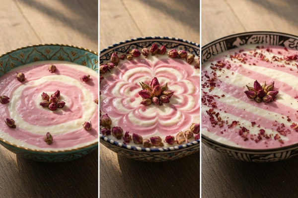 تزئین شیربرنج با ترکیب گل محمدی و لبو