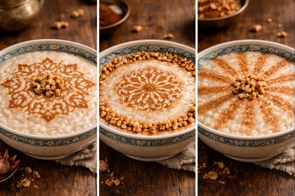 تزئین شیر برنج با ترکیب گرم گردو و دارچین