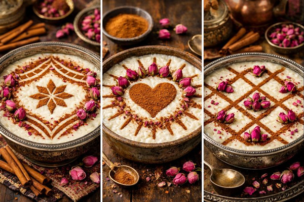 تزئین سنتی شیربرنج با پودر دارچین و گل محمدی