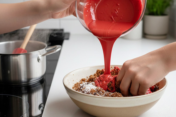 بن‌ماری کردن شکلات قرمز و افزودن آن به مخلوط بیسکویت و خامه صبحانه در تهیه شکلات هندوانه‌ای یلدایی