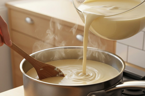 مخلوط کردن شیر، آرد برنج، نشاسته، شکر و وانیل و افزودن زرده تخممرغ