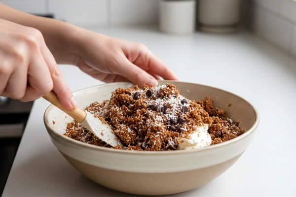 مخلوط کردن بیسکویت خردشده با شکلات چیپسی و خامه صبحانه در تهیه شکلات هندوانه یلدایی