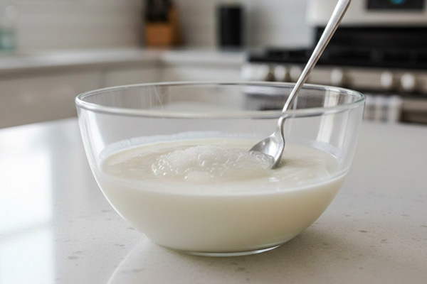 مخلوط کردن شیر، ژلاتین، وانیل و خامه در تهیه پاناکوتا هندوانه