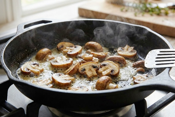 تفت دادن قارچ برای تهیه سوفله مرغ