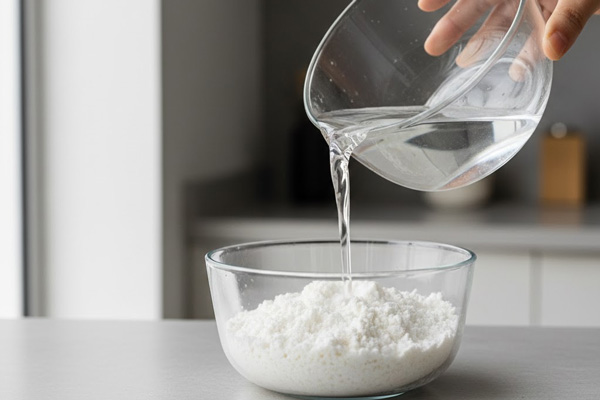 خیس کردن نشاسته گل در آب سرد برای تهیه باسلوق خانگی