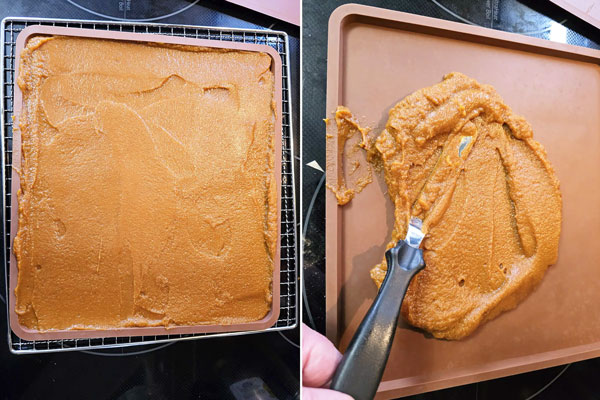 پهن کردن پوره کدو حلوایی روی سینی برای تهیه لواشک