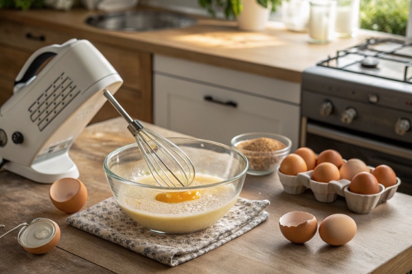 آماده‌سازی تخم‌مرغ و طعم‌دهنده‌ها برای کیک میوه ای