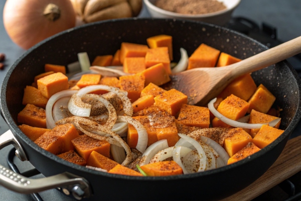 سرخ کردن پیاز و کدو حلوایی برای تهیه آش کدو حلوایی